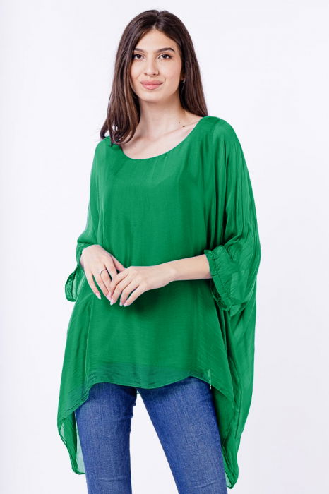 Bluza din matase si vascoza in colturi, verde smarald