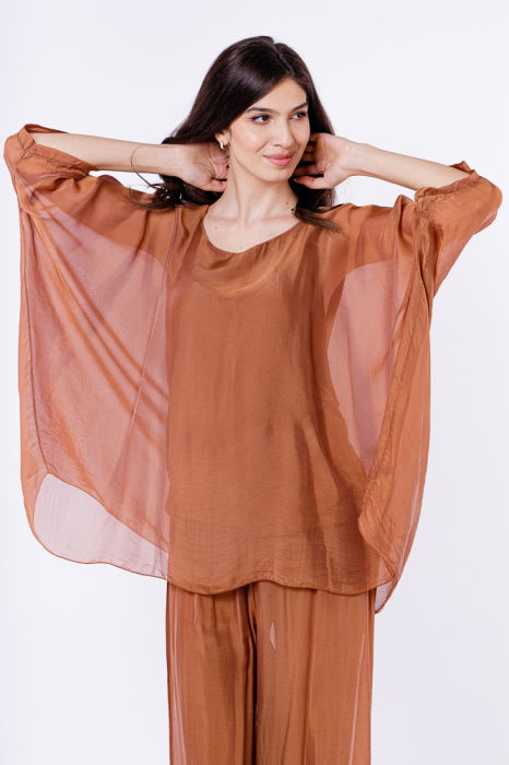 Bluza din matase si vascoza in colturi, camel
