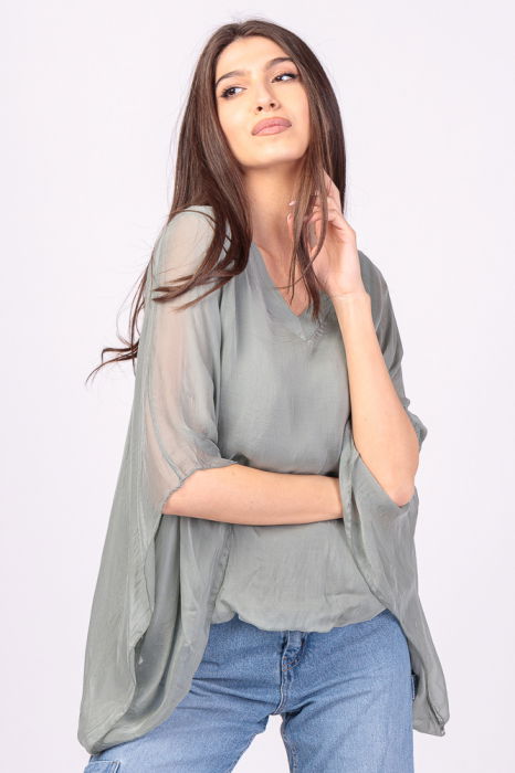 Bluza din matase si vascoza kaki, cu decolteu in V in fata si pe spate [2]