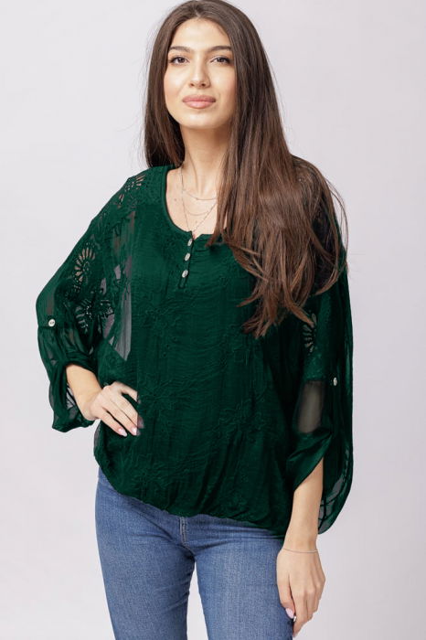 Bluza din matase si vascoza verde inchis brodata si dantela pe spate