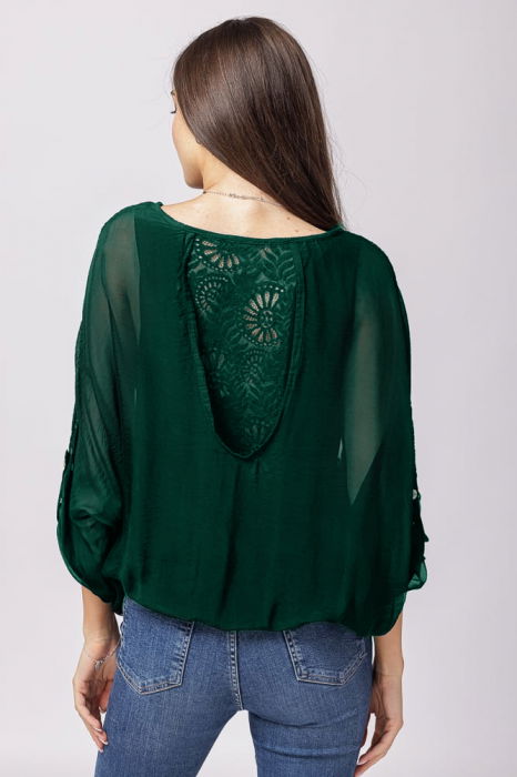 Bluza din matase si vascoza verde inchis brodata si dantela pe spate [3]