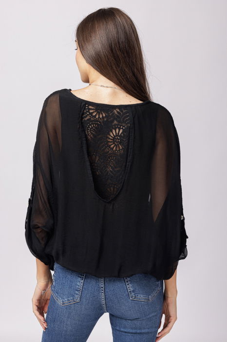 Bluza din matase si vascoza neagra brodata si dantela pe spate [3]