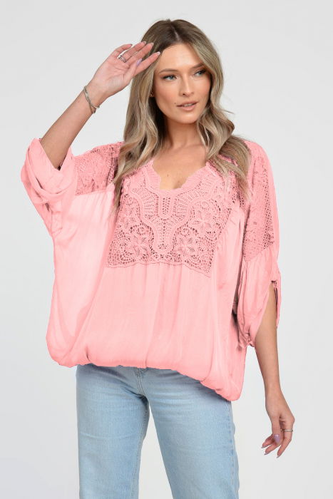 Bluza din matase si vascoza platca brodata, cu dantela pe maneci si pe spate, roz [2]
