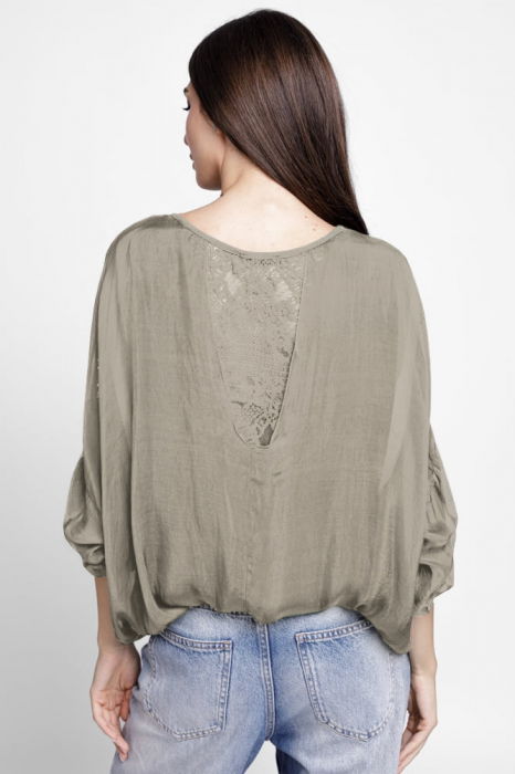 Bluza din matase si vascoza platca brodata, cu paiete fine si cu dantela pe spate, bej inchis [3]