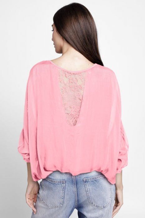 Bluza din matase si vascoza platca brodata, cu paiete fine si cu dantela pe spate, roz [3]