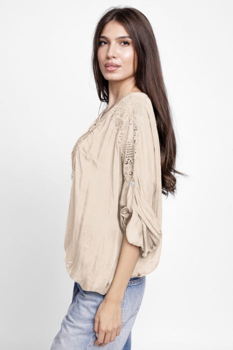 Bluza din matase si vascoza platca brodata, cu paiete fine si cu dantela pe spate, bej [2]