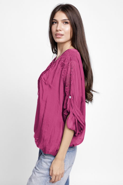 Bluza din matase si vascoza platca brodata, cu paiete fine si cu dantela pe spate, magenta [2]