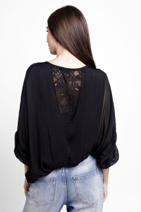 Bluza din matase si vascoza platca brodata, cu paiete fine si cu dantela pe spate, neagra [3]