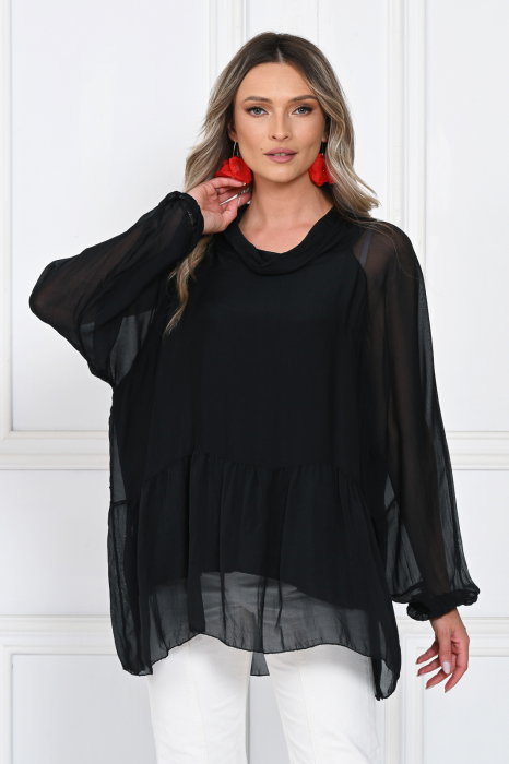 Bluza din matase naturala si vascoza, lejera cu guler intors si maneci bufante, neagra