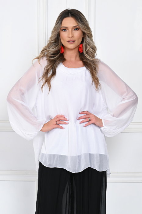 Bluza din matase naturala si vascoza, lejera cu guler intors si maneci bufante, alba