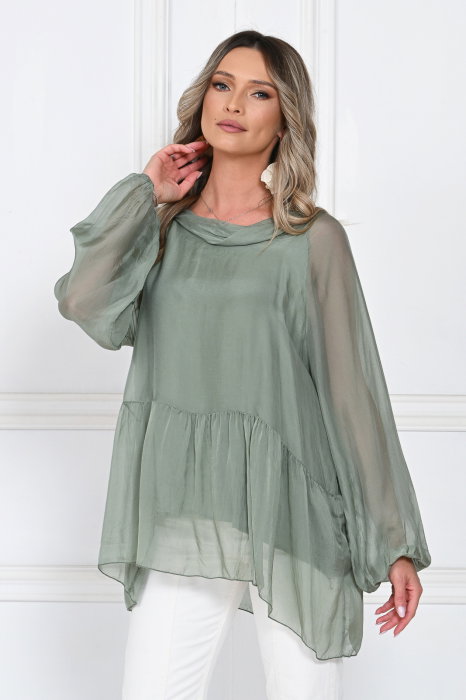 Bluza din matase naturala si vascoza, lejera cu guler intors si maneci bufante, kaki