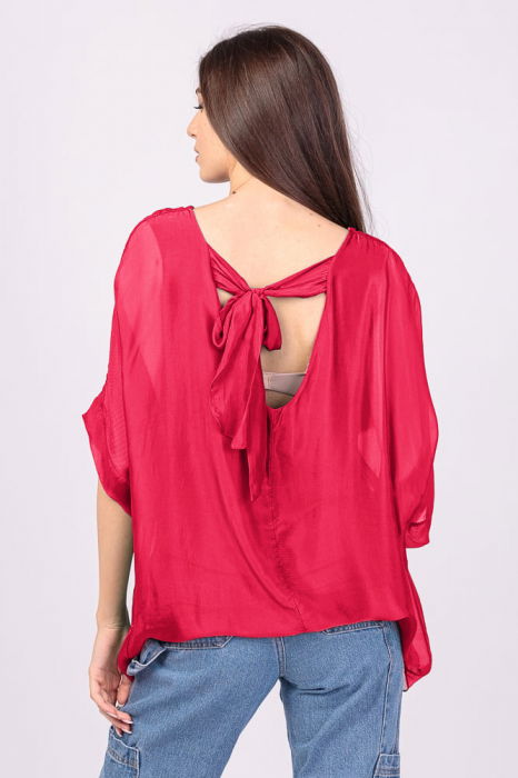 Bluza din matase si vascoza fucsia inchis, cu funda pe spate [3]