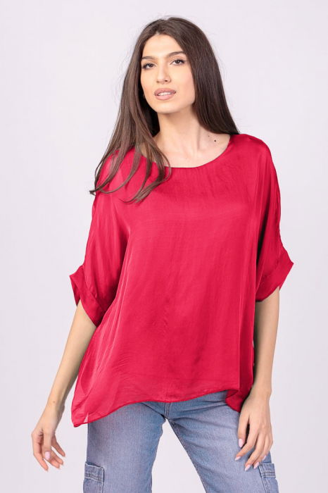 Bluza din matase si vascoza fucsia inchis, cu funda pe spate