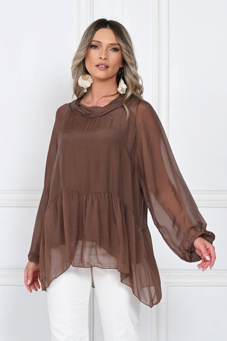 Bluza din matase naturala si vascoza, lejera cu guler intors si maneci bufante, maro mocca