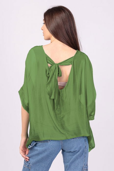 Bluza din matase si vascoza cu funda pe spate, verde oliv [3]
