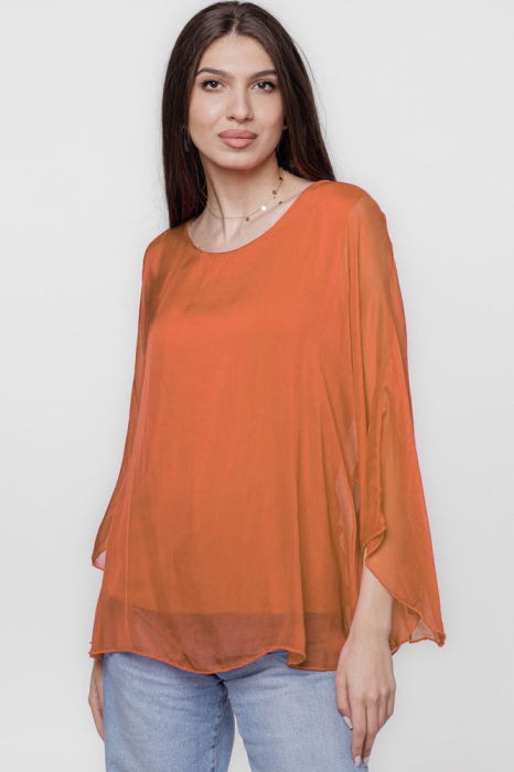 Bluza din matase si vascoza cu maneca clopot, caramizie [1]