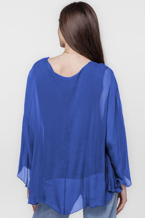 Bluza din matase si vascoza cu maneca clopot, albastru electric [3]