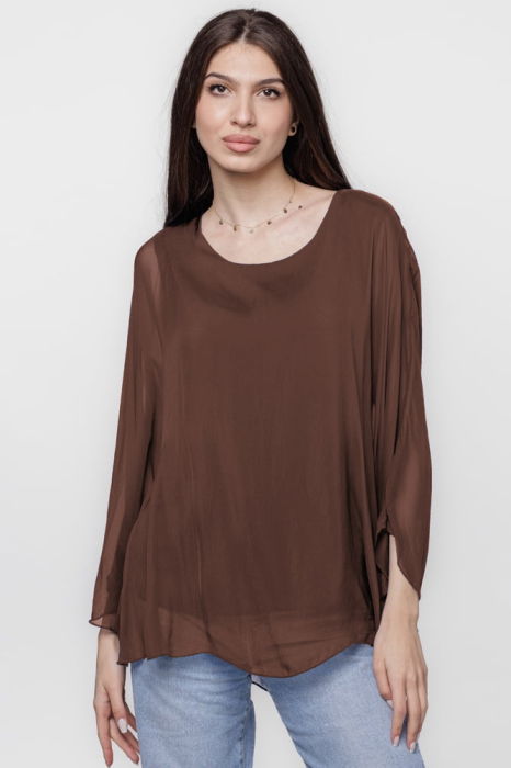 Bluza din matase si vascoza cu maneca clopot, maro [1]