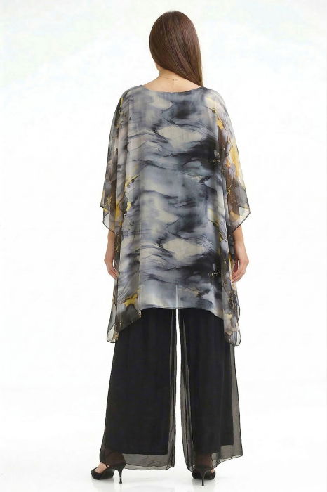 Bluza tunicadin matase si vascoza in colturi cu imprimeu pictural cu negru, gri si galben [3]