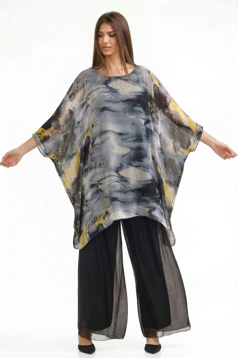 Bluza tunicadin matase si vascoza in colturi cu imprimeu pictural cu negru, gri si galben [2]
