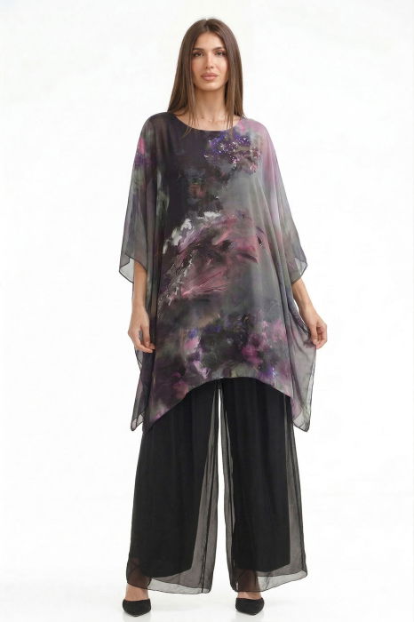 Bluza tunica din matase si vascoza in colturi cu imprimeu pictural in nuante de mov, negru si gri [2]