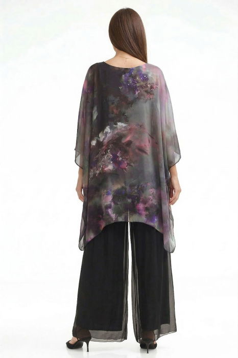 Bluza tunica din matase si vascoza in colturi cu imprimeu pictural in nuante de verde si turcoaz inchis cu  roz si lila [3]