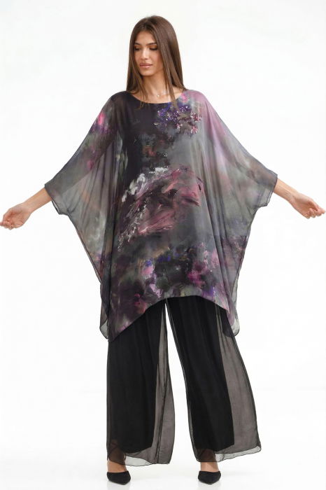 Bluza tunica din matase si vascoza in colturi cu imprimeu pictural in nuante de verde si turcoaz inchis cu  roz si lila [1]