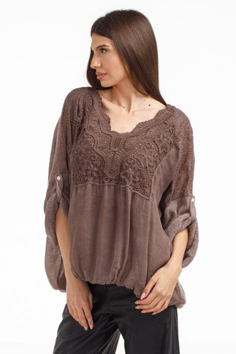 Bluza dama eleganta matase, dantela boho si tricotaj, maro [4]