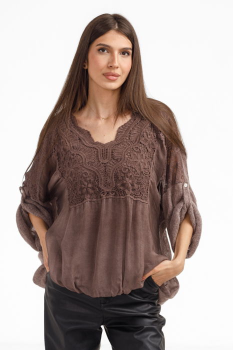Bluza dama eleganta matase, dantela boho si tricotaj, maro