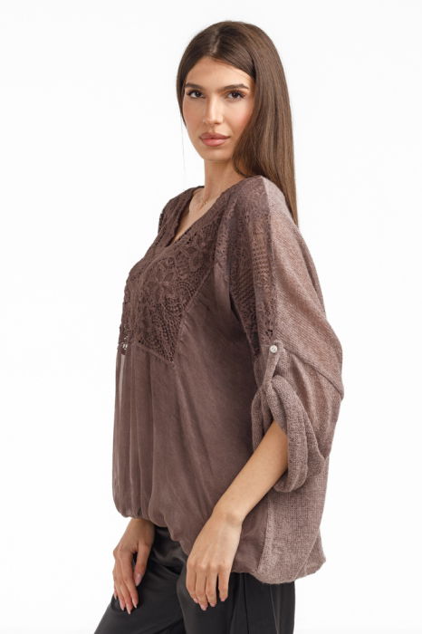 Bluza dama eleganta matase, dantela boho si tricotaj, maro [3]