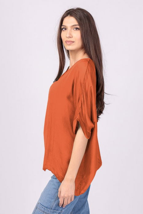 Bluza din matase si vascoza caramizie, cu funda pe spate [2]