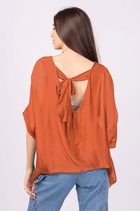 Bluza din matase si vascoza caramizie, cu funda pe spate [3]