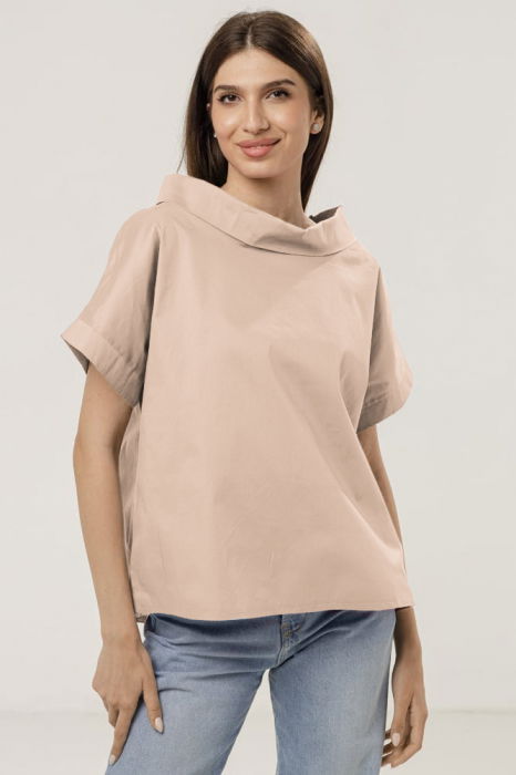 Bluza din poplin de bumbac cu guler intors si maneci cazute, alba