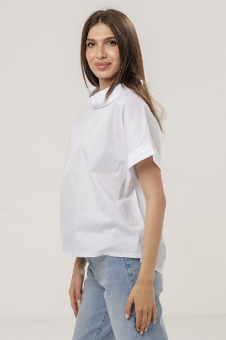 Bluza din poplin de bumbac cu guler intors si maneci scurte, alba [2]