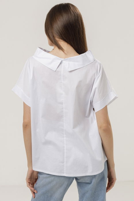 Bluza din poplin de bumbac cu guler intors si maneci scurte, alba [3]