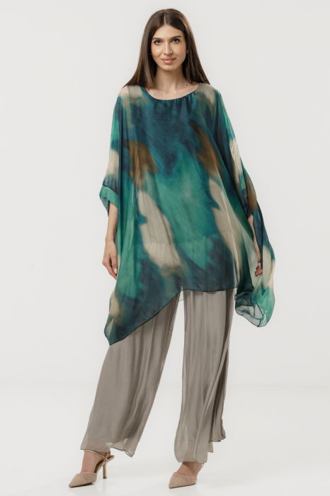 Bluza tunica din matase cu croiala asimetrica si imprimeu abstract pictural