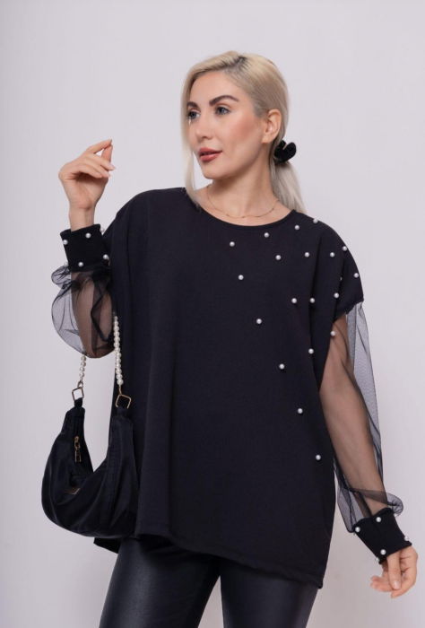 Bluza eleganta neagra cu perlute albe si maneci din voal [1]