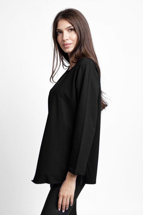Bluza evazata cu cusaturi fancy din tricot de bumbac, neagra [2]