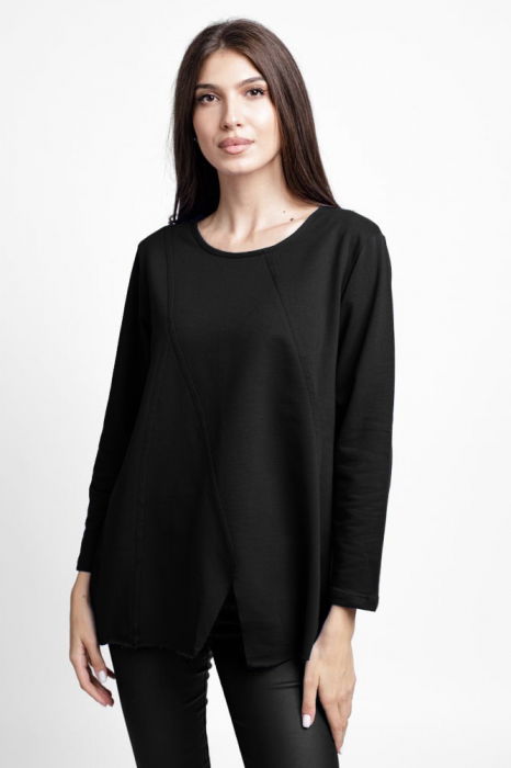 Bluza evazata cu cusaturi fancy din tricot de bumbac, neagra [1]