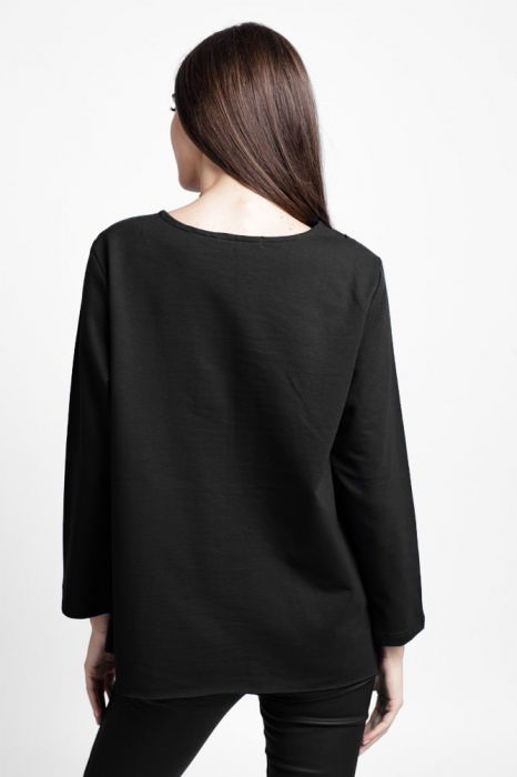 Bluza evazata cu cusaturi fancy din tricot de bumbac, neagra [3]