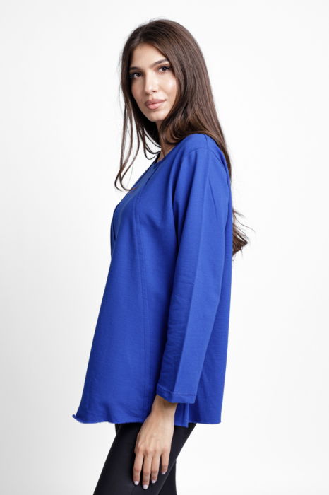 Bluza evazata cu cusaturi fancy din tricot de bumbac, albastra [2]