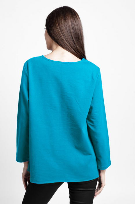 Bluza evazata cu cusaturi fancy din tricot de bumbac, turcoaz [3]