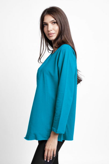 Bluza evazata cu cusaturi fancy din tricot de bumbac, turcoaz [2]