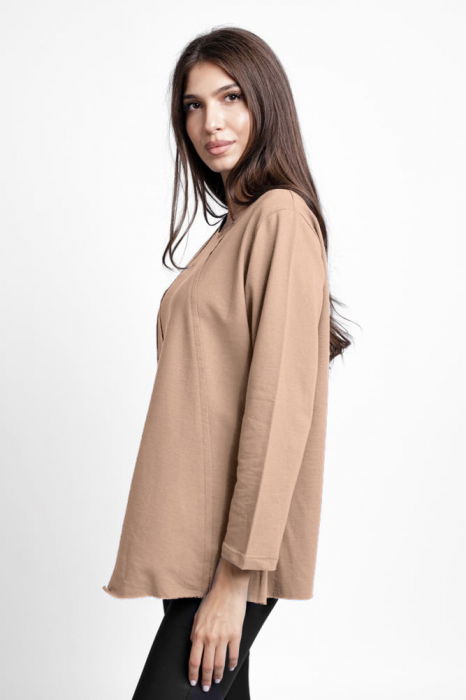 Bluza evazata cu cusaturi fancy din tricot de bumbac, fango [2]