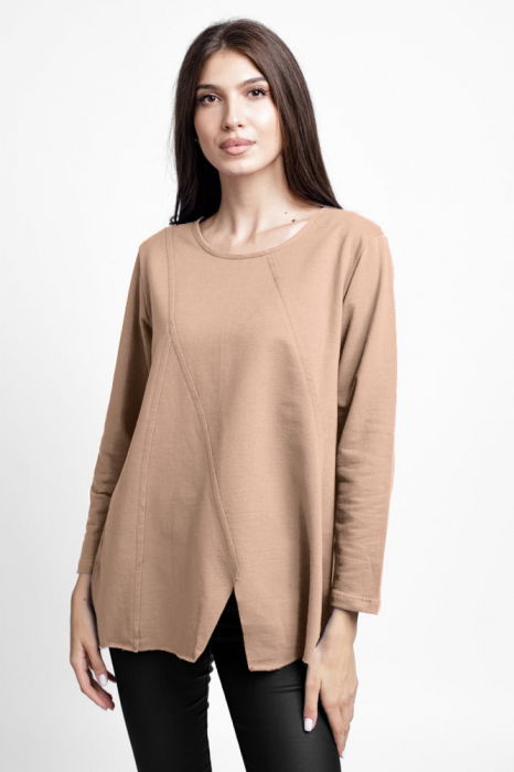 Bluza evazata cu cusaturi fancy din tricot de bumbac, fango [1]