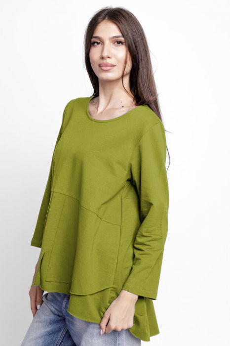 Bluza evazata cu nasturi pe spate din tricot de bumbac, verde oliv [2]