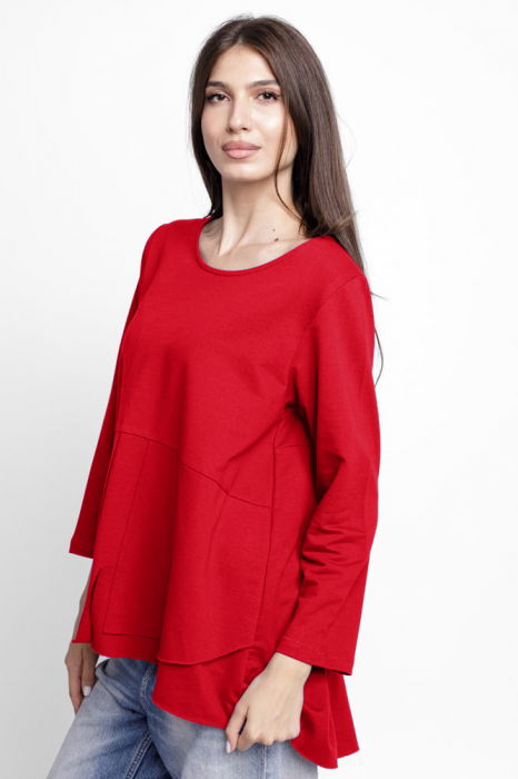 Bluza evazata cu nasturi pe spate din tricot de bumbac, rosie [2]