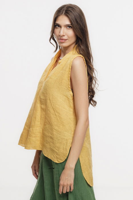 Bluza fara maneci din in cu decolteu si guler inalt, galben turmeric [2]