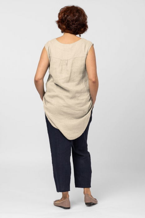 Bluza fara maneci din in cu nasture metalic decorativ, bej [3]