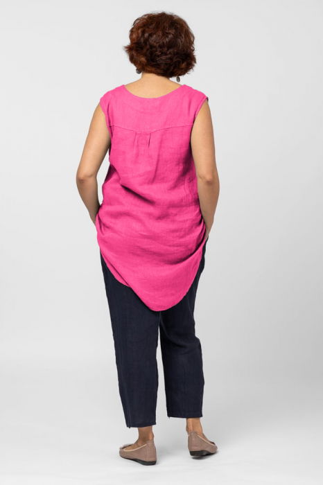 Bluza fara maneci din in cu nasture metalic decorativ, fucsia [3]